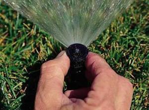 an irrigation contractor in Dallas adjusts a micro spray head by hand